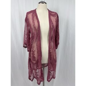 Miss Chievous All-Over Embroidered Lace Kimono Cardigan Maroon Boho Sheer S/M